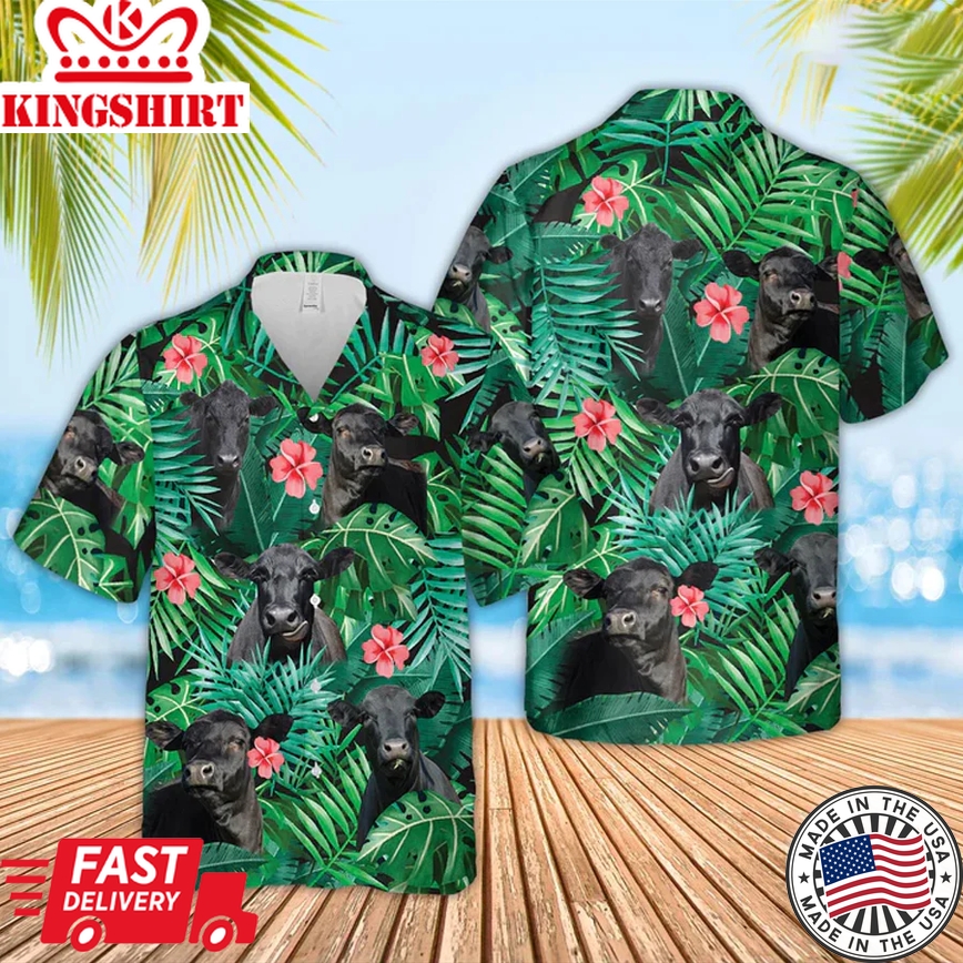 Black Angus 2 Cow Trendy Hawaiian Shirt, Farmer Trendy Hawaiian Shirts, Summer Tropical Shirts, Gift For Him, Funny Trendy Hawaiian Shirts