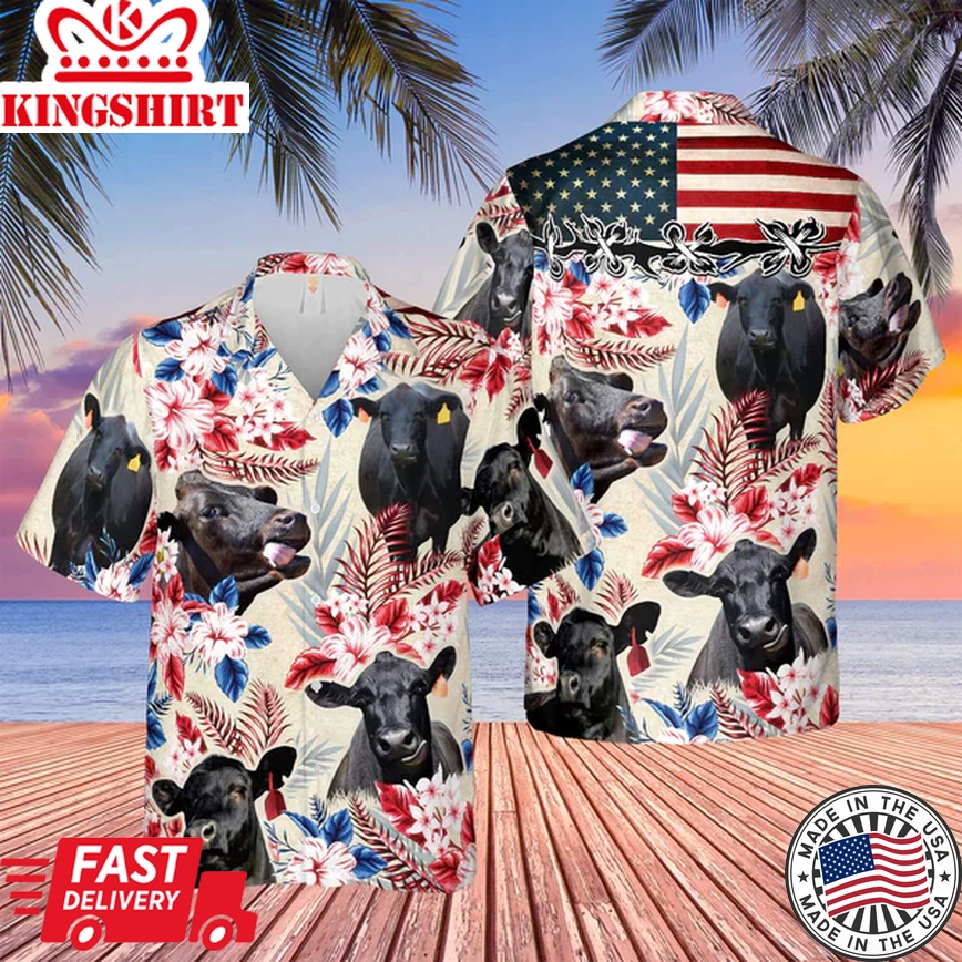 Black Angus American Flag Hawaiian Flowers 3D Trendy Hawaiian Shirt, Cow Trendy Hawaiian Shirt For Men And Women