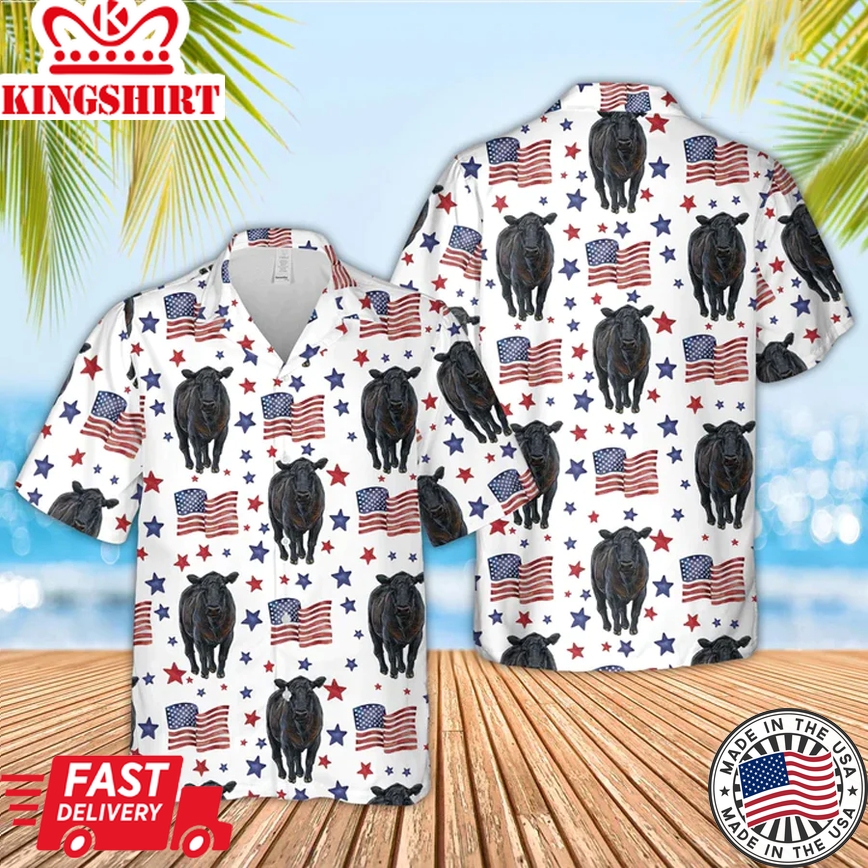 Black Angus American Flag Pattern Trendy Hawaiian Shirt, Funny Cow Trendy Hawaiian Shirt, 4Th Of July Trendy Hawaiian Shirt