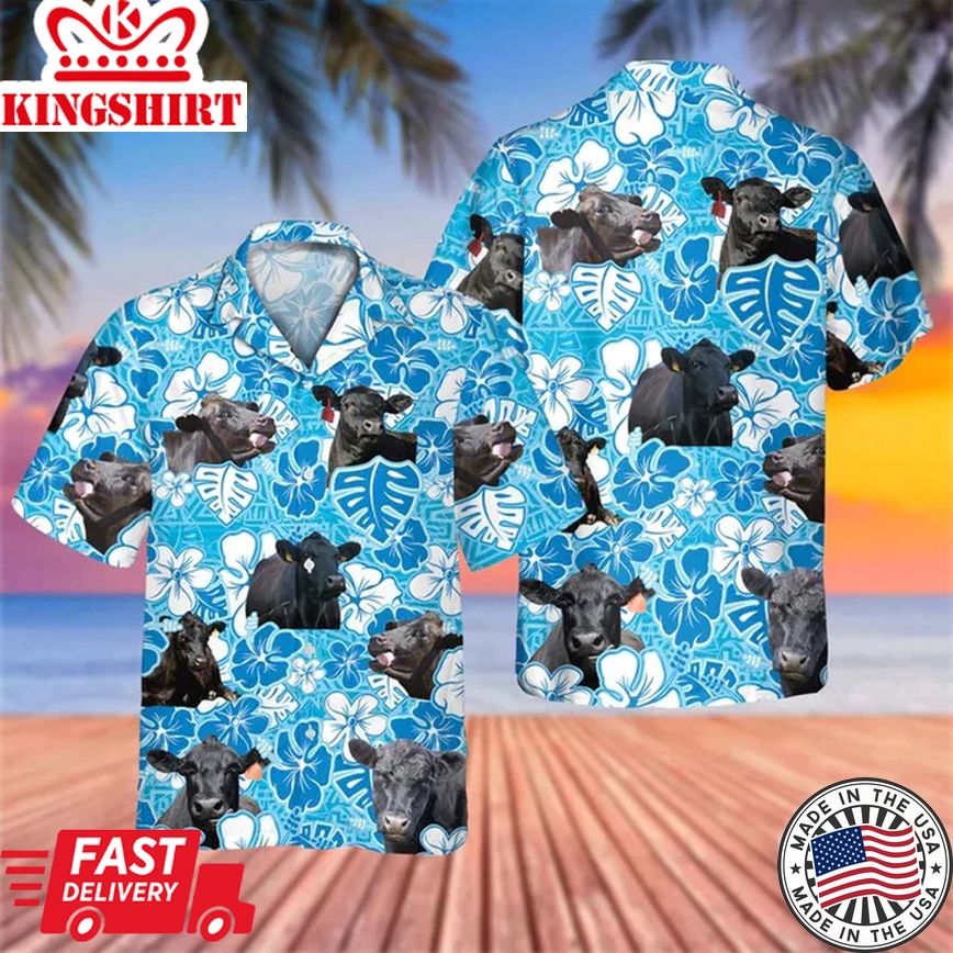 Black Angus Blue Floral Trendy Hawaiian Shirt, Cow Hawaii Shirt, Cow Lovers Shirt For Men