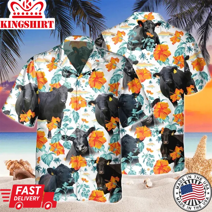 Black Angus Blue Floral Trendy Hawaiian Shirt, Cow Hawaii Shirt, Cow Shirts, Cow Lovers, Shirt For Men