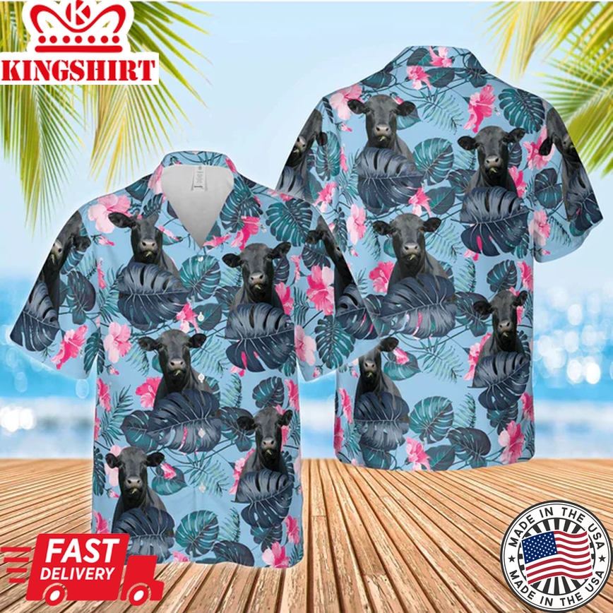 Black Angus Blue Hibiscus Trendy Hawaiian Shirt, Farm Cow Trendy Hawaiian Shirt For Men And Women