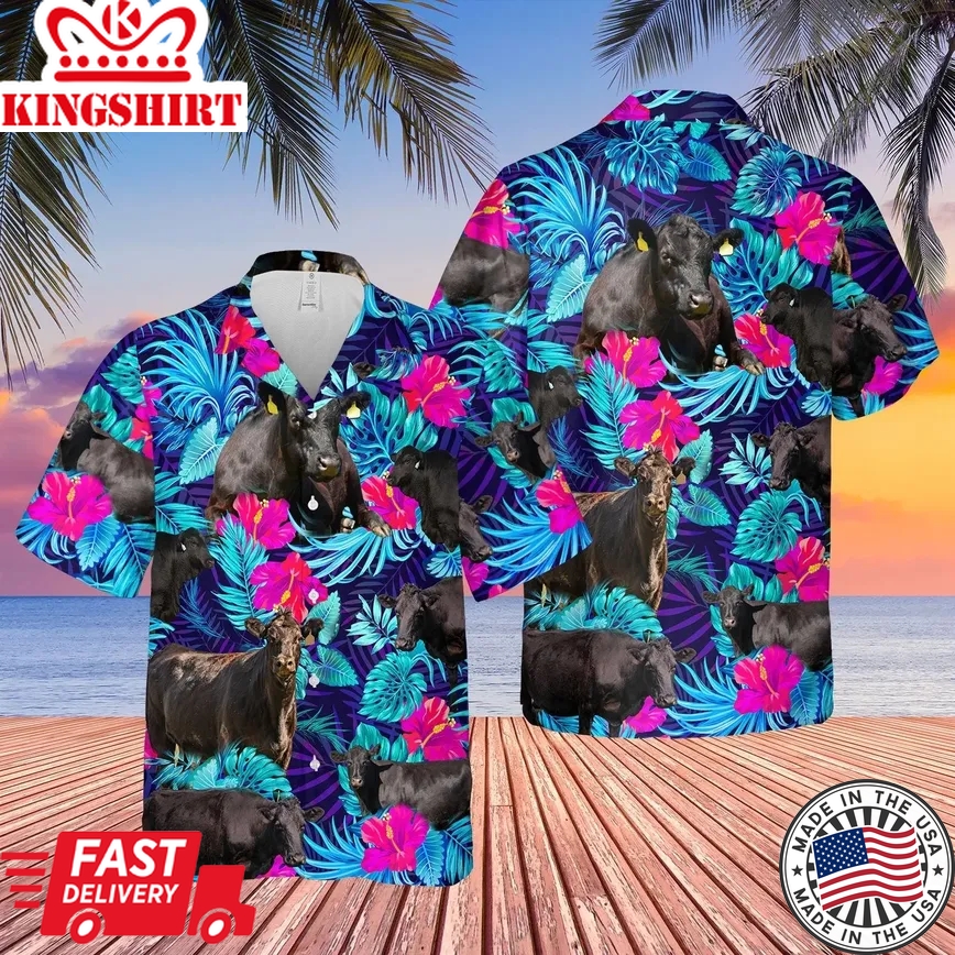 Black Angus Blue Neon Tropical Cattle Hawaii Shirt, Cow Trendy Hawaiian Shirt For Summer Gifts