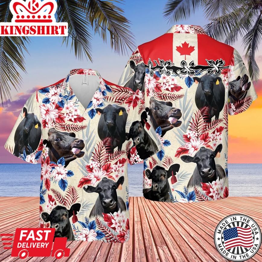 Black Angus Canada Flag Trendy Hawaiian Shirt, Farm Cow Trendy Hawaiian Shirt For Men And Women