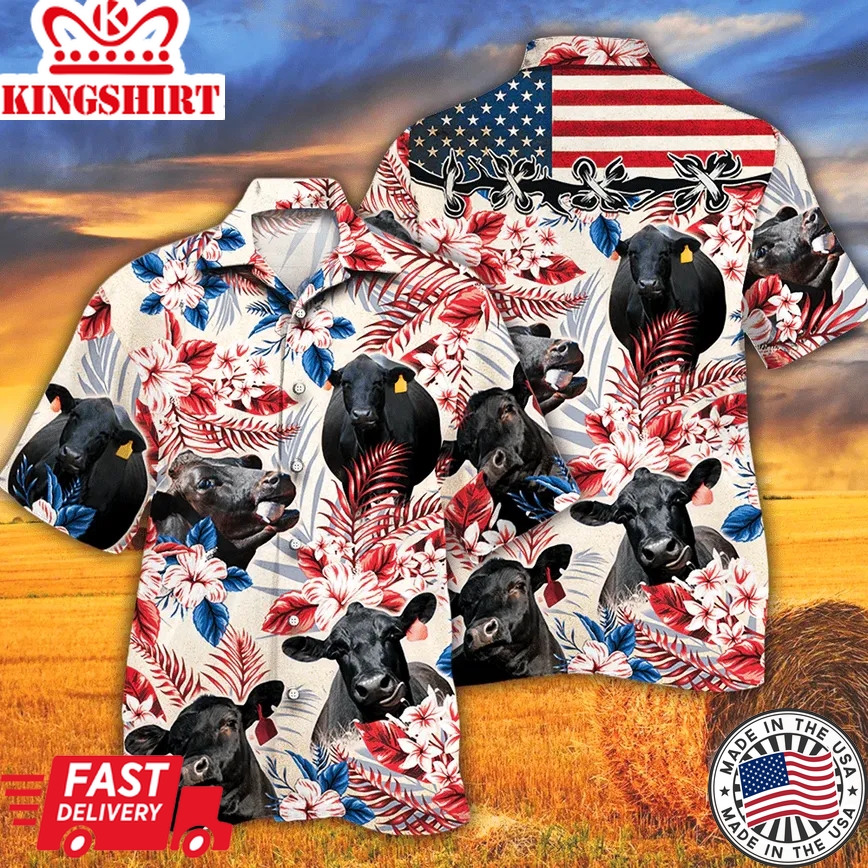 Black Angus Cattle Lovers American Flag Trendy Hawaiian Shirt, Cow Trendy Hawaiian Shirt For Summer Gifts