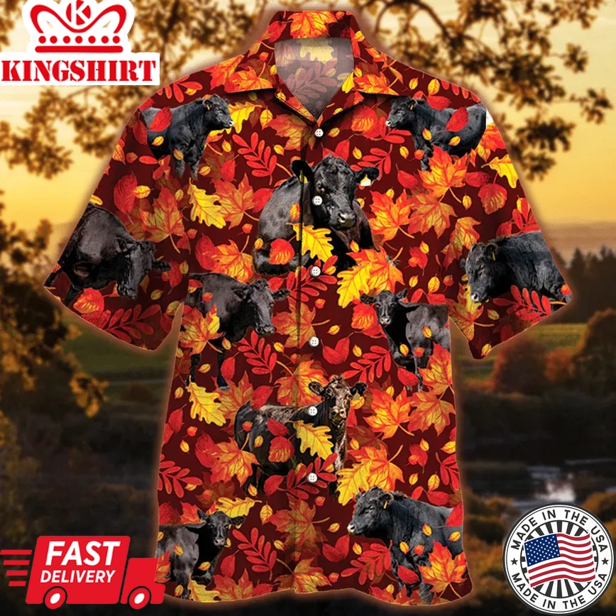 Black Angus Cattle Lovers Autumn Red Leaves Trendy Hawaiian Shirt, Cow Trendy Hawaiian Shirt For Summer Gifts