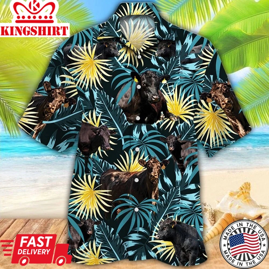 Black Angus Cattle Lovers Blue And Yellow Plants Trendy Hawaiian Shirt