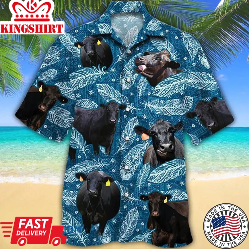 Black Angus Cattle Lovers Blue Feather Hawaii Trendy Hawaiian Shirt