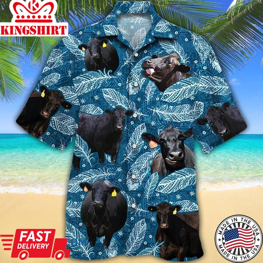 Black Angus Cattle Lovers Blue Feather Hawaii Trendy Hawaiian Shirt