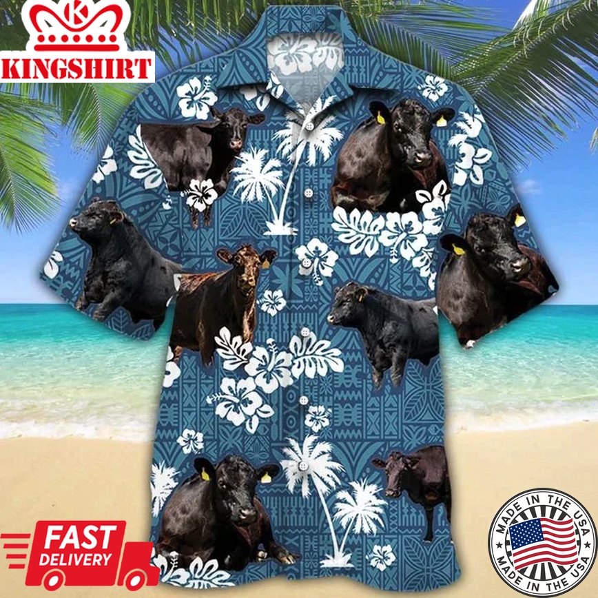 Black Angus Cattle Lovers Blue Tribal Trendy Hawaiian Shirt