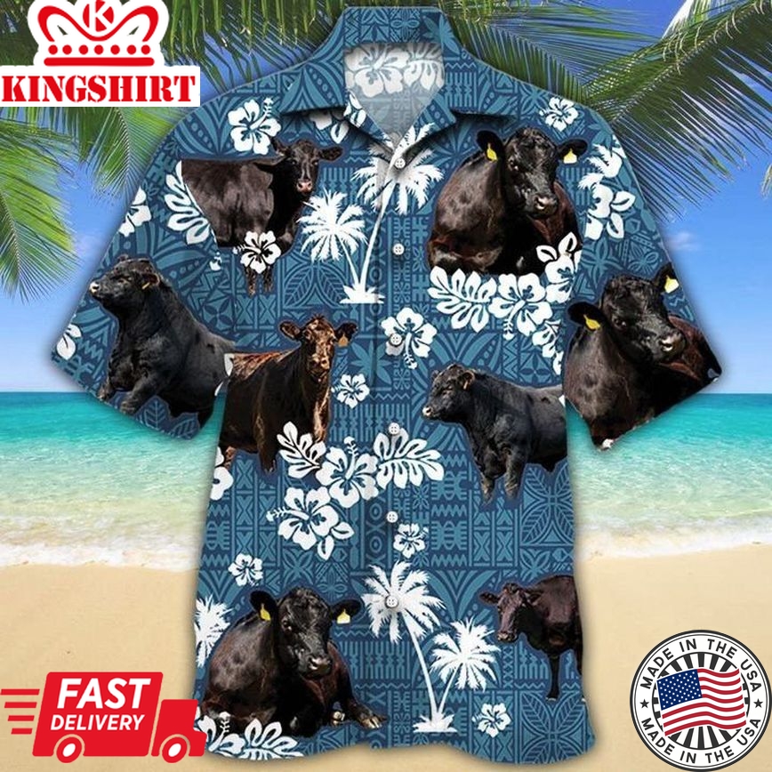 Black Angus Cattle Lovers Blue Tribal Trendy Hawaiian Shirt, Cow Trendy Hawaiian Shirt For Summer Gifts