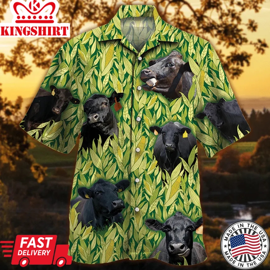 Black Angus Cattle Lovers Corn Pattern Trendy Hawaiian Shirt, Cow Trendy Hawaiian Shirt For Summer Gifts