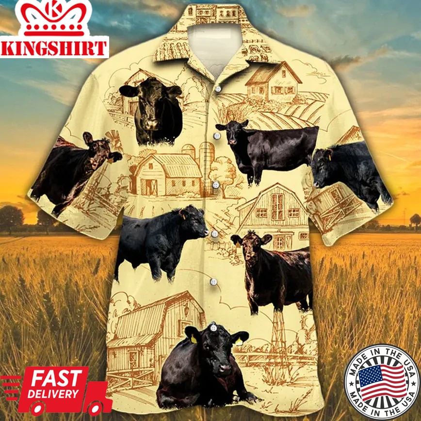 Black Angus Cattle Lovers Farm Trendy Hawaiian Shirt, Farm Cow Short Sleeve Hawaiian Aloha Shirt For Men, Women