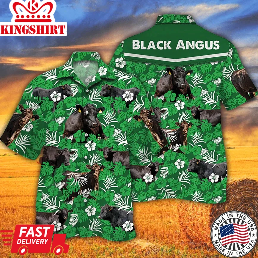 Black Angus Cattle Lovers Green Floral Pattern Trendy Hawaiian Shirt, Cow Trendy Hawaiian Shirt For Summer Gifts