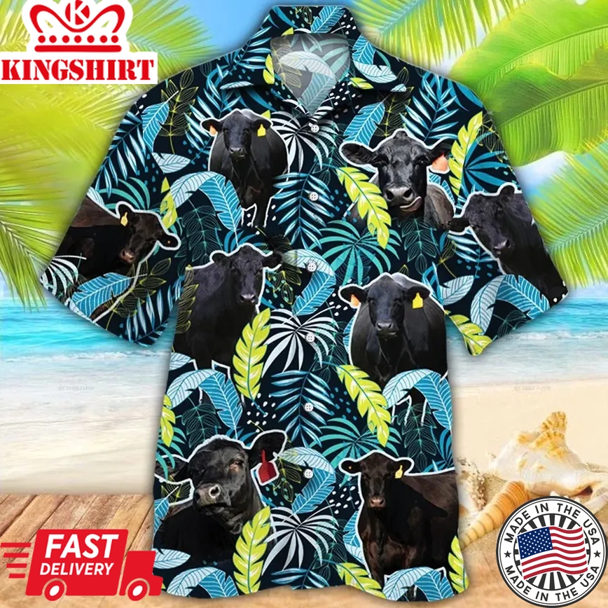 Black Angus Cattle Lovers Jungle Leaves Trendy Hawaiian Shirt, Cow Trendy Hawaiian Shirt For Summer Gifts