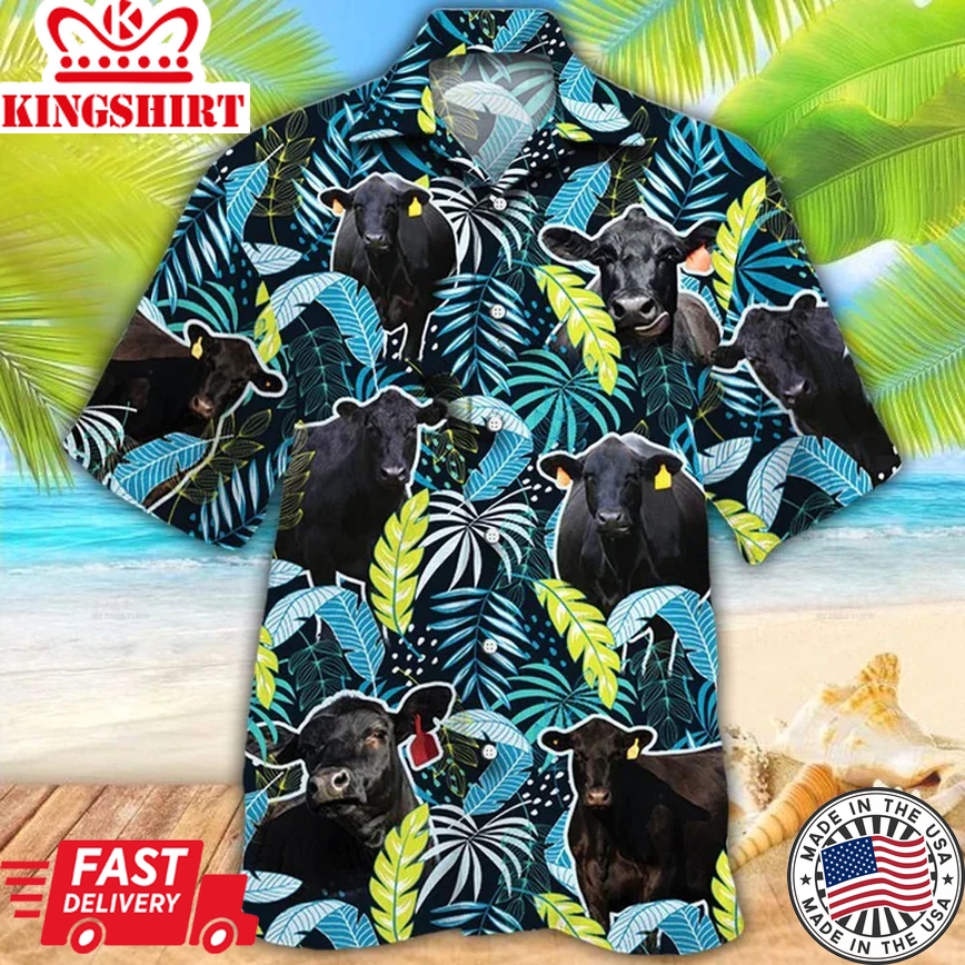 Black Angus Cattle Lovers Jungle Leaves Trendy Hawaiian Shirt, Trendy Hawaiian Shirt Men, Women