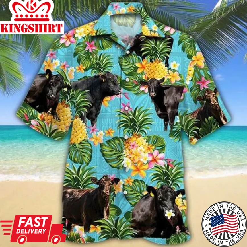 Black Angus Cattle Lovers Pineapple Aloha Trendy Hawaiian Shirt, Cow Trendy Hawaiian Shirt For Summer Gifts