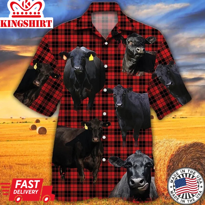 Black Angus Cattle Lovers Red Tartan Pattern Trendy Hawaiian Shirt