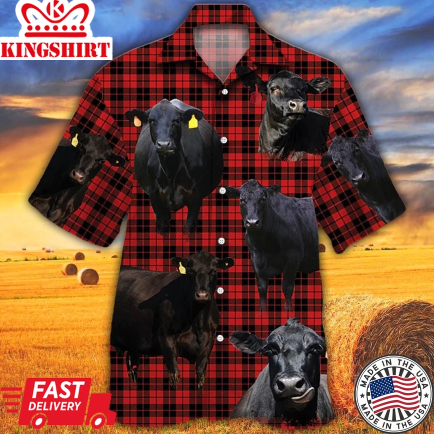 Black Angus Cattle Lovers Red Tartan Pattern Trendy Hawaiian Shirt