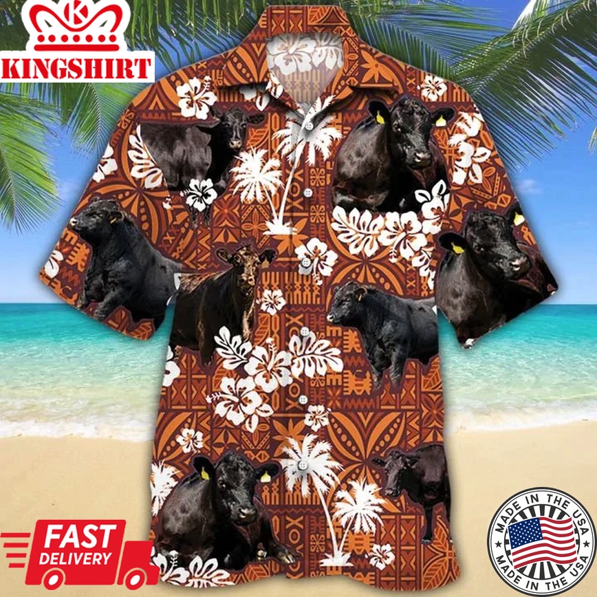 Black Angus Cattle Lovers Red Tribal Trendy Hawaiian Shirt Men, Cow Short Sleeve Hawaiian Aloha Shirt