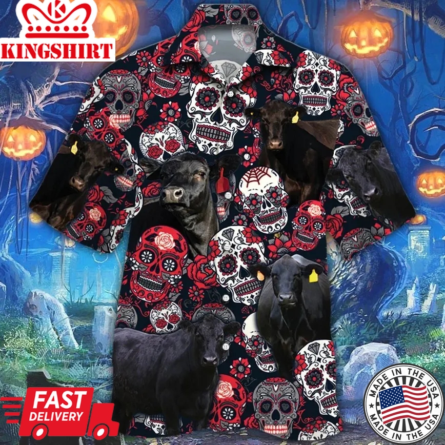 Black Angus Cattle Lovers Sugar Skull Floral Trendy Hawaiian Shirt