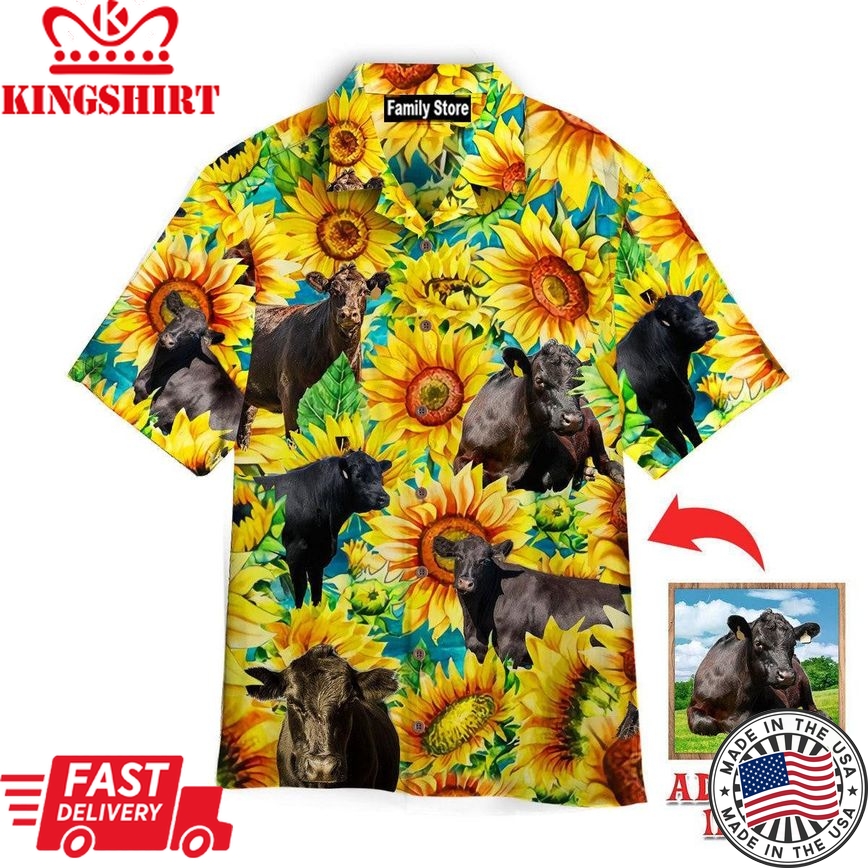 Black Angus Cattle Lovers Sunflower Watercolor Custom Hawaiian Shirt