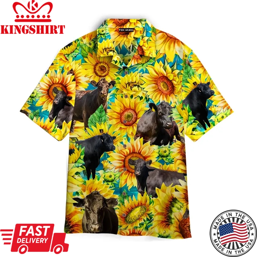 Black Angus Cattle Lovers Sunflower Watercolor Trendy Hawaiian Shirt