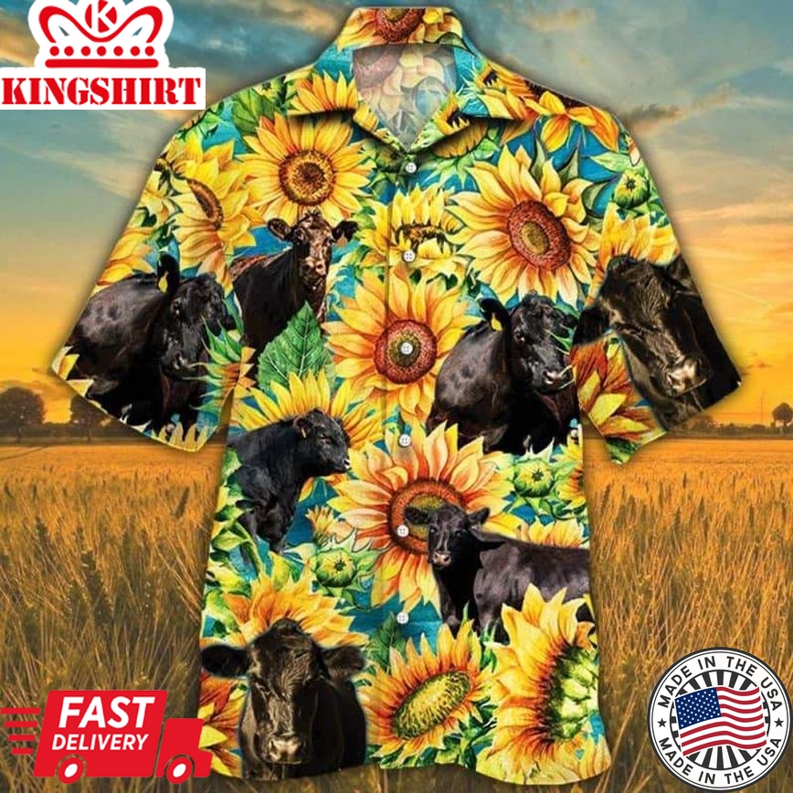 Black Angus Cattle Lovers Sunflower Watercolor Trendy Hawaiian Shirt, Cow Trendy Hawaiian Shirt For Summer Gifts