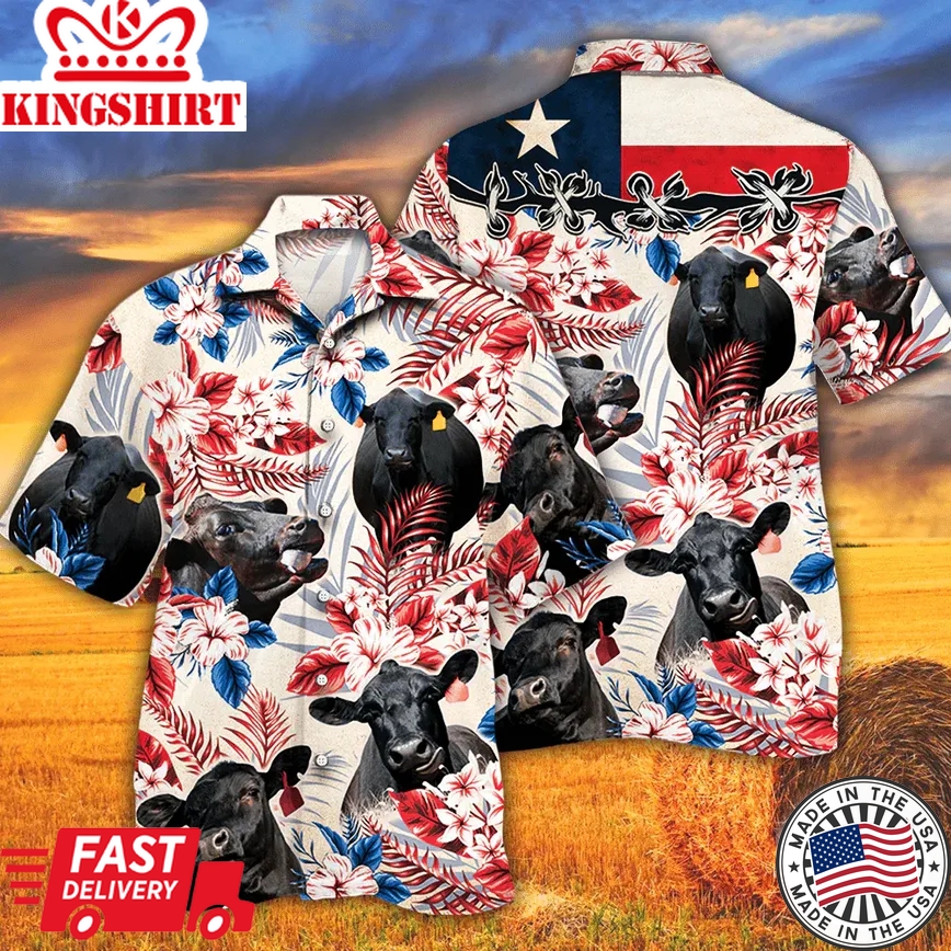 Black Angus Cattle Lovers Texas Flag Trendy Hawaiian Shirt, Cow Trendy Hawaiian Shirt For Summer Gifts