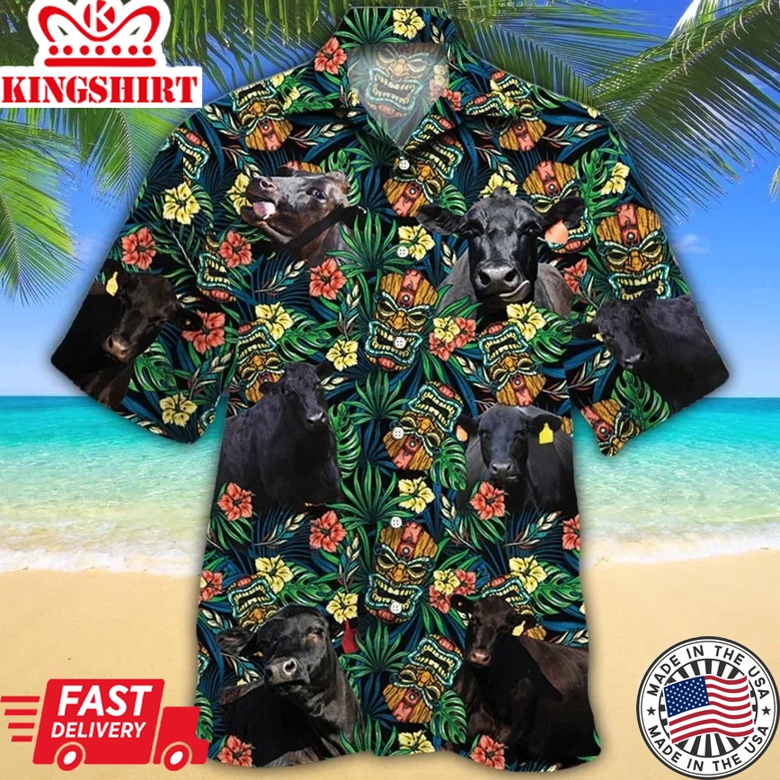 Black Angus Cattle Lovers Tribal Tiki Mask Trendy Hawaiian Shirt