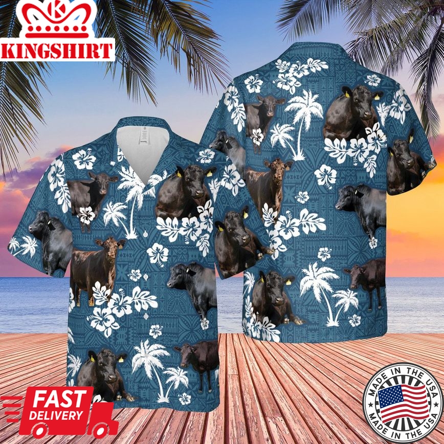 Black Angus Cattle Lovers Tropical Blue Pattern Trendy Hawaiian Shirt, Cow Trendy Hawaiian Shirt For Summer Gifts