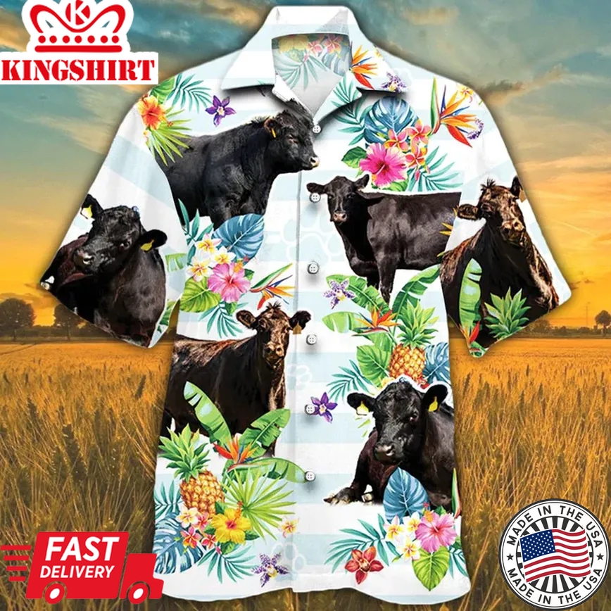 Black Angus Cattle Lovers Tropical Flower Trendy Hawaiian Shirt