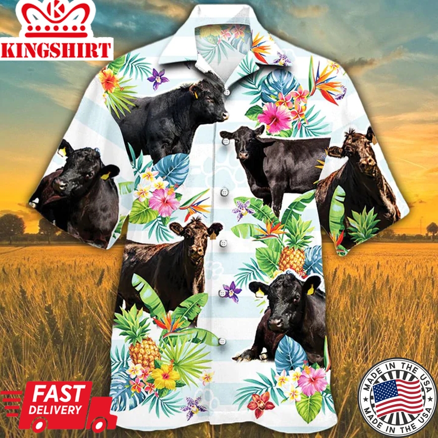 Black Angus Cattle Lovers Tropical Flower Trendy Hawaiian Shirt