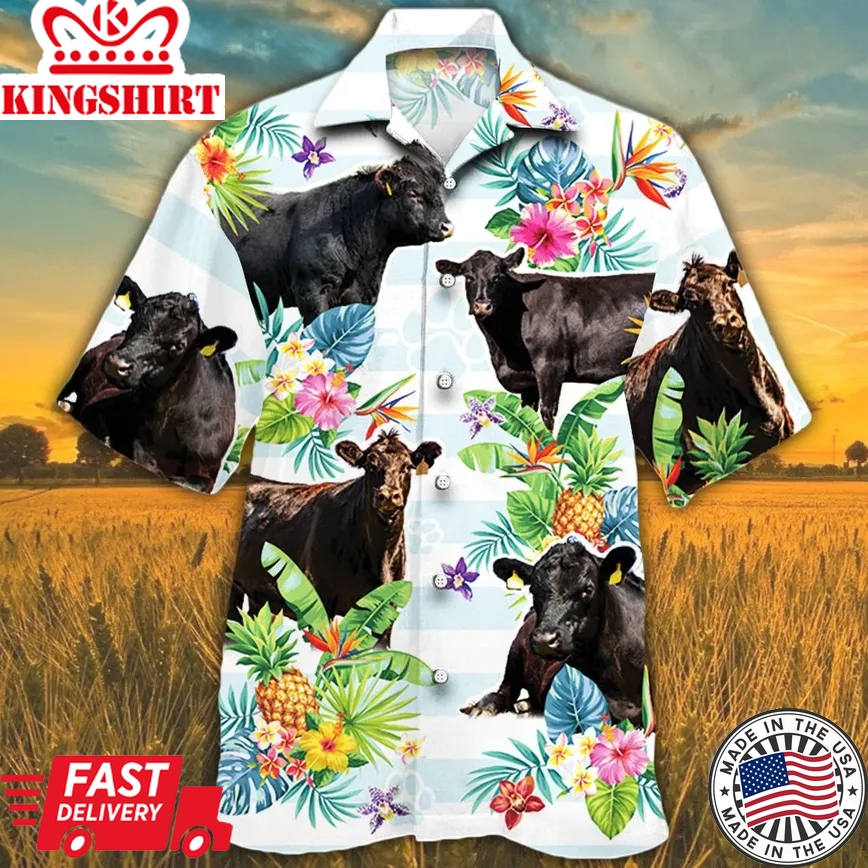 Black Angus Cattle Lovers Tropical Flower Trendy Hawaiian Shirt, Cow Trendy Hawaiian Shirt For Summer Gifts