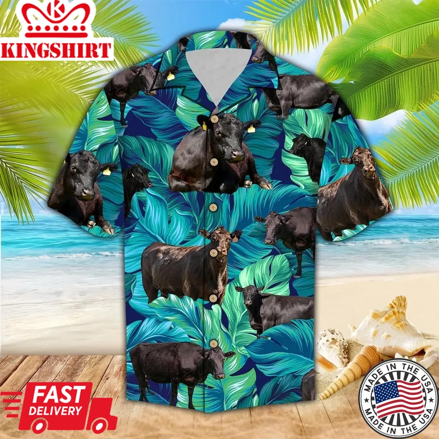 Black Angus Cattle Lovers Tropical Green Trendy Hawaiian Shirt, Cow Trendy Hawaiian Shirt For Summer Gifts