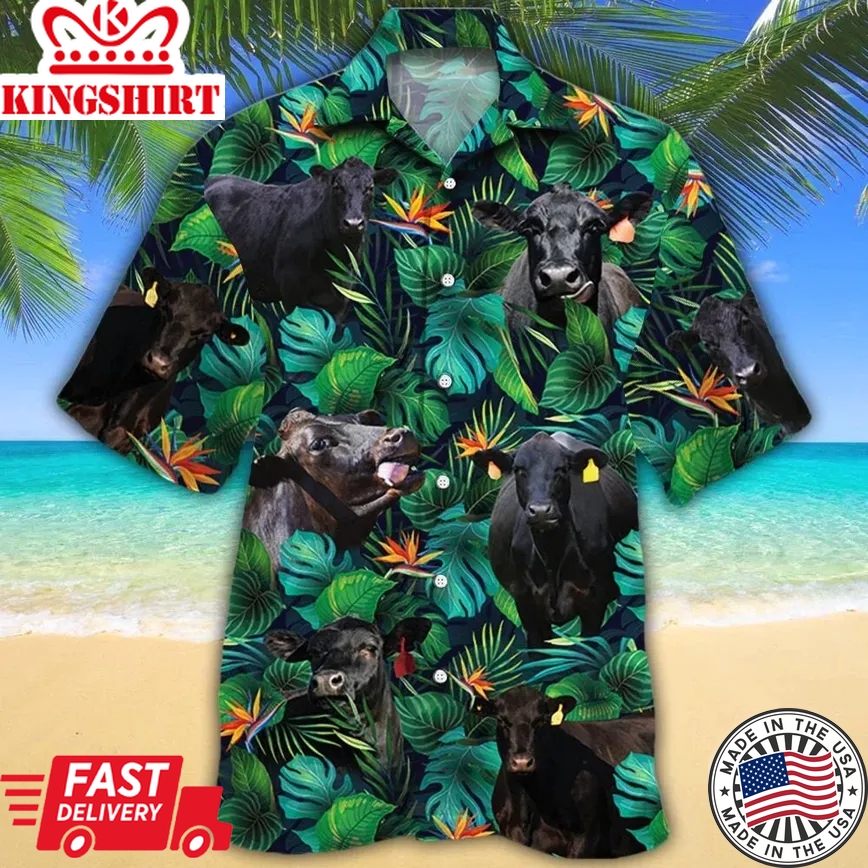 Black Angus Cattle Lovers Tropical Leaves Trendy Hawaiian Shirt