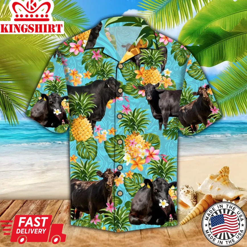 Black Angus Cattle Lovers Tropical Pineapple Trendy Hawaiian Shirt, Cow Trendy Hawaiian Shirt For Summer Gifts