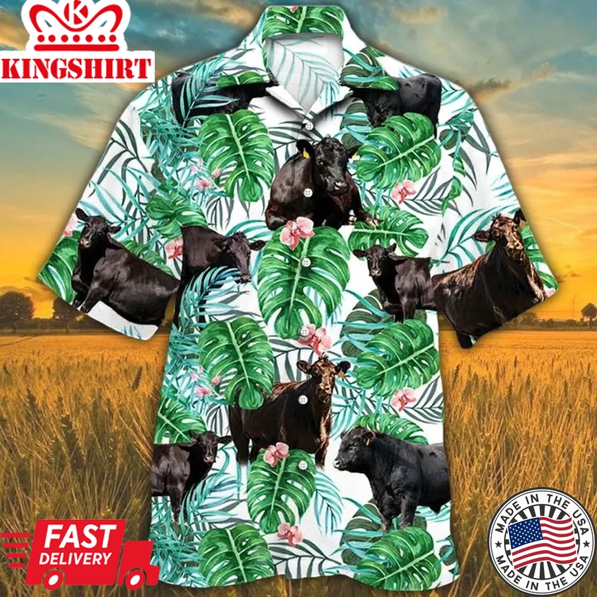 Black Angus Cattle Lovers Tropical Plant Trendy Hawaiian Shirt, Cow Trendy Hawaiian Shirt For Summer Gifts