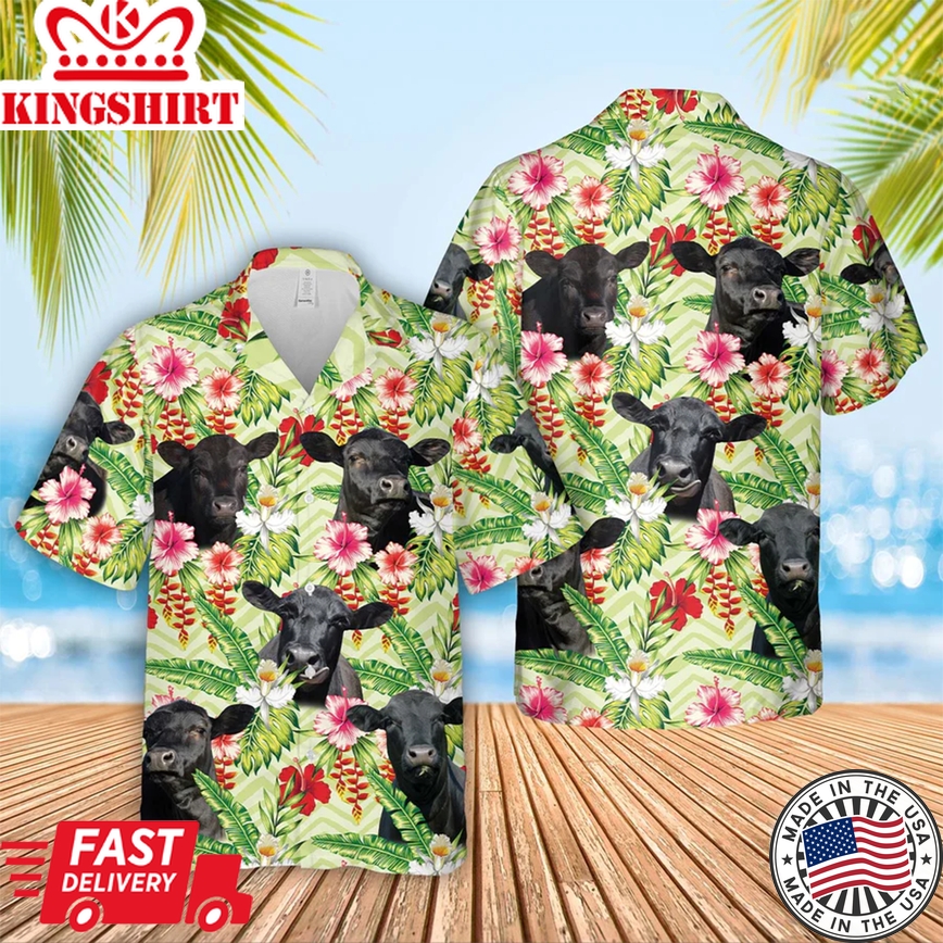 Black Angus Hibicus Floral 3D Trendy Hawaiian Shirt