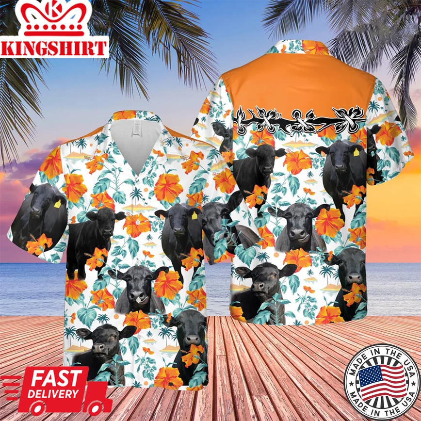 Black Angus Hibiscus Floral 3D Trendy Hawaiian Shirt