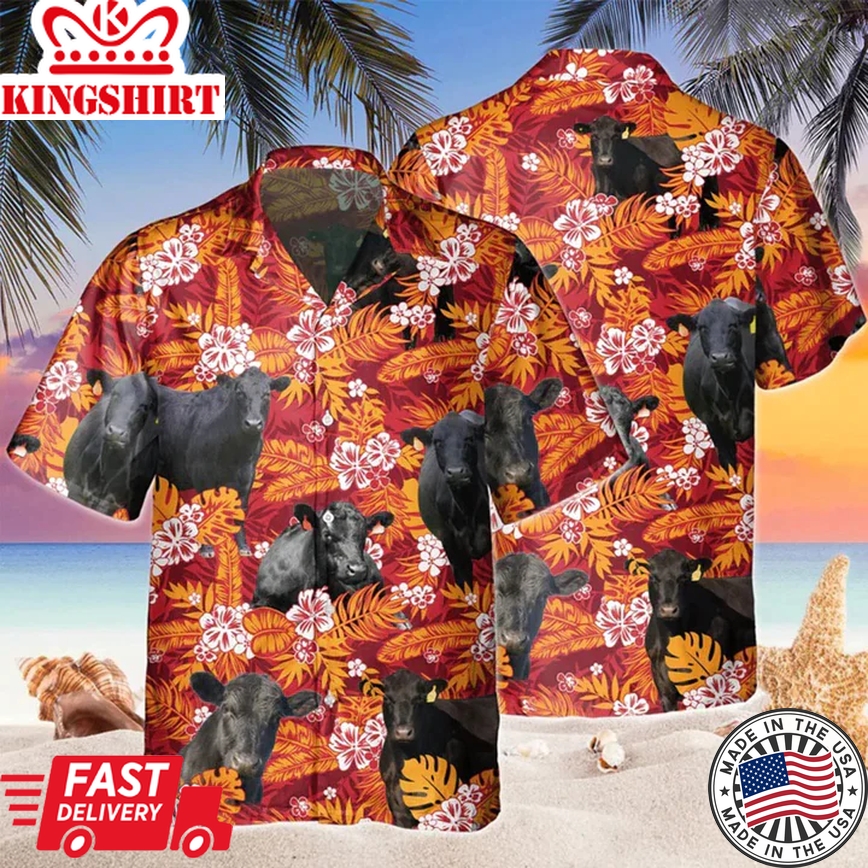 Black Angus Red Orange Floral Trendy Hawaiian Shirt, Cow Hawaii Shirts Men, Trendy Hawaiian Shirt Women