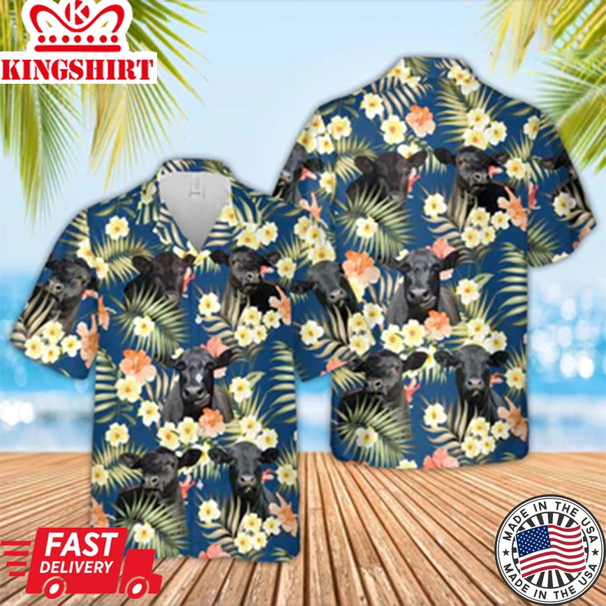 Black Angus Summer Blue Floral 3D Trendy Hawaiian Shirt