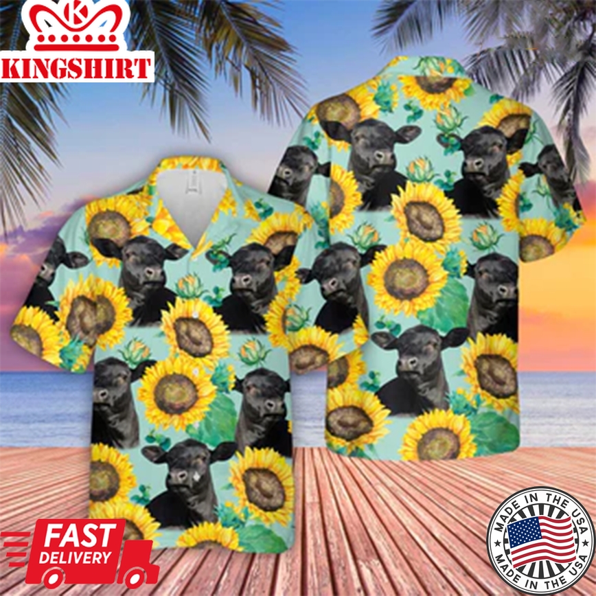 Black Angus Sunflowers Floral Farm 3D Trendy Hawaiian Shirt