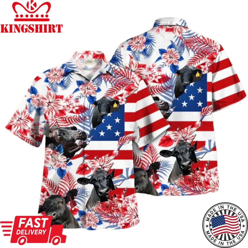 Black Angus Trendy Hawaiian Shirts, Black Angus In American Flag Pattern Tropical Flower Trendy Hawaiian Shirt, Haiwaiian Shirt Hot