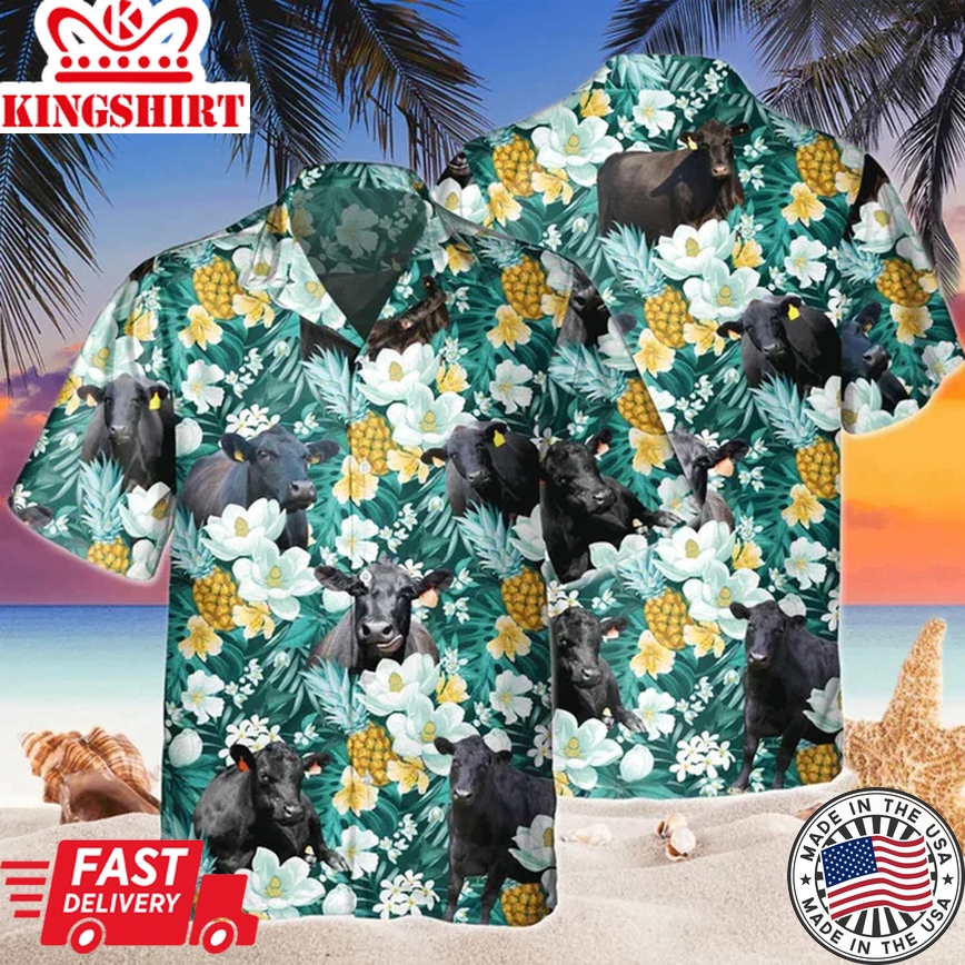 Black Angus Tropical Pineapple Fruit Trendy Hawaiian Shirt, Flowers Aloha Shirt For Cow Lovers