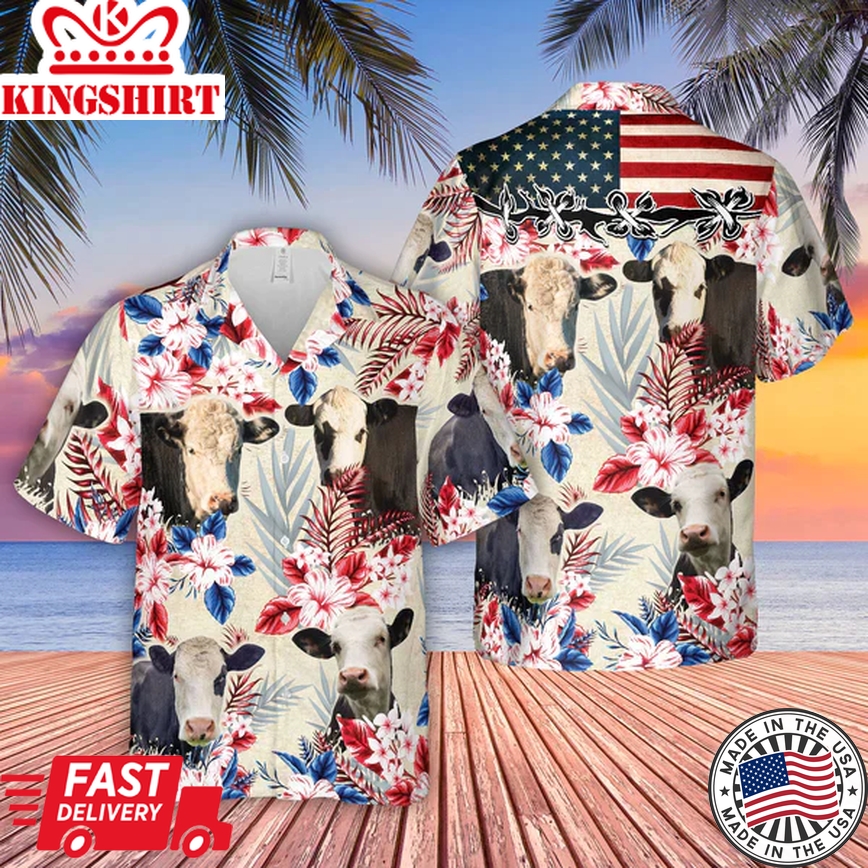 Black Baldy Pattern Us Flag Trendy Hawaiian Shirt, Farm Cow Trendy Hawaiian Shirt For Men And Women