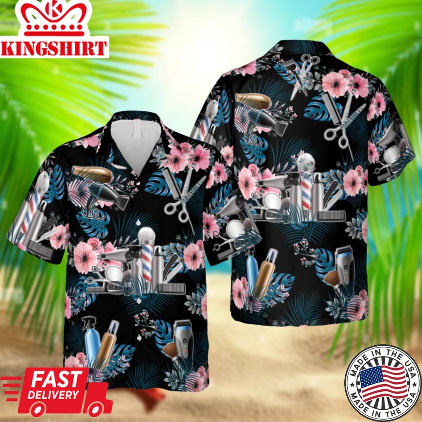 Black Barber Hawaii Shirt, Hairdryer 3D Apparel