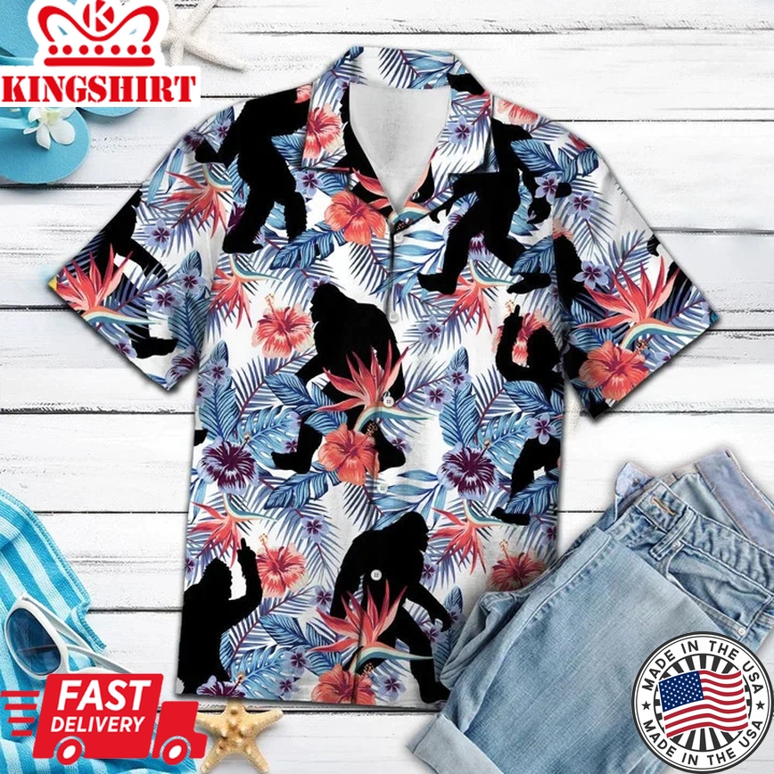 Black Bigfoot Tropical Palm Tree Leaves Summer Vacation Aloha Trendy Hawaiian Shirt