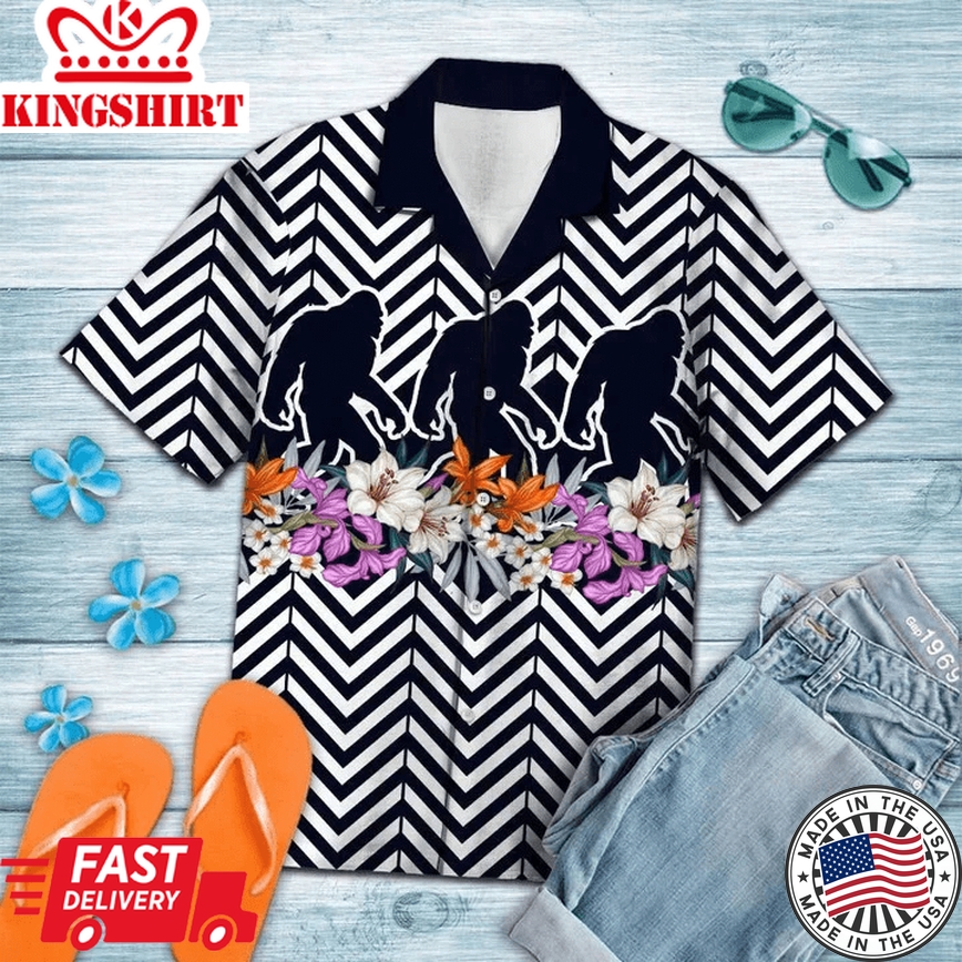 Black Bigfoot Walk On Flower Zigzag Pattern Trendy Hawaiian Shirt