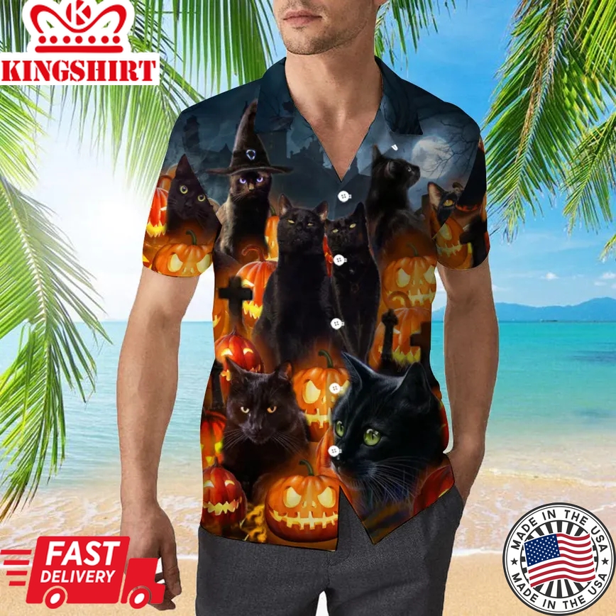 Black Cat And Scary Halloween Pumpkin Trendy Hawaiian Shirt